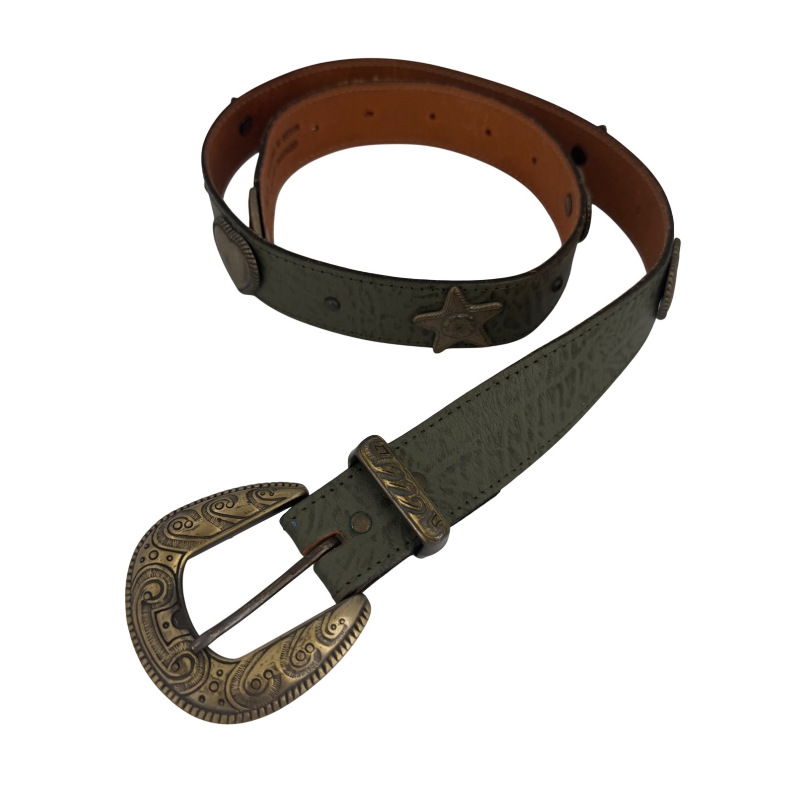 Vtg Olive Green Leather Western Belt Heart Star Conchos Brass Buckle Usa S/M